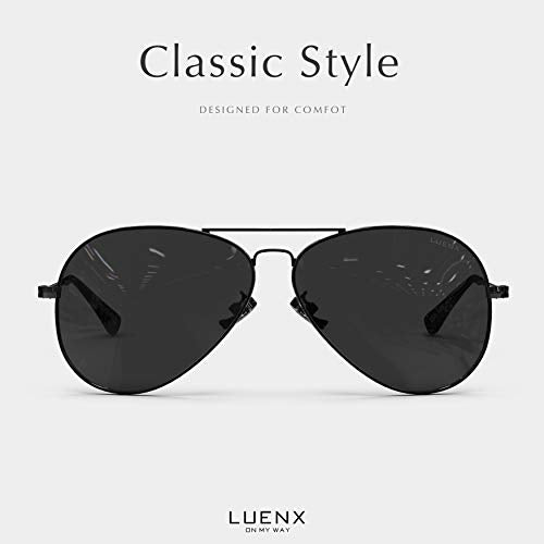 LUENX Aviator Sunglasses Polarized Men Womens Black Lens Black Metal Frame 60mm : Sports & Outdoors