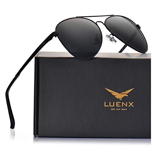 LUENX Aviator Sunglasses Polarized Men Womens Black Lens Black Metal Frame 60mm : Sports & Outdoors