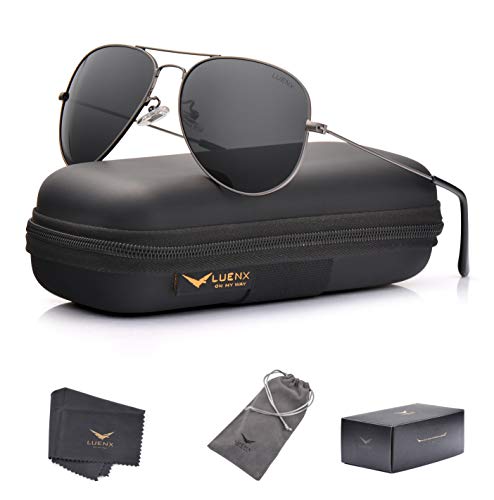 LUENX Aviator Sunglasses Polarized Men Womens Black Lens Black Metal Frame 60mm : Sports & Outdoors