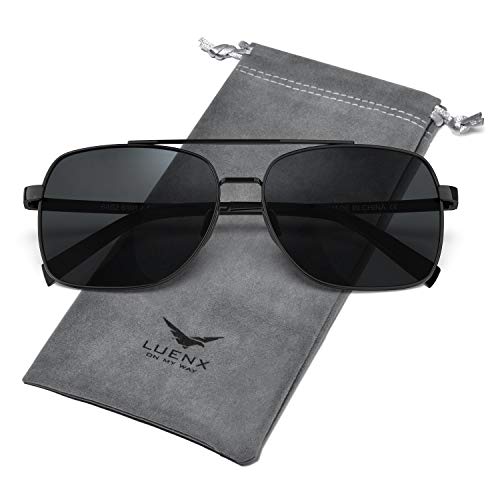 LUENX Aviator Sunglasses Polarized Men Womens Black Lens Black Metal Frame 60mm : Sports & Outdoors