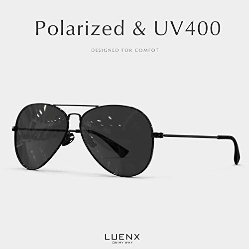 LUENX Aviator Sunglasses Polarized Men Womens Black Lens Black Metal Frame 60mm : Sports & Outdoors