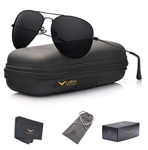 LUENX Aviator Sunglasses Polarized Men Womens Black Lens Black Metal Frame 60mm : Sports & Outdoors