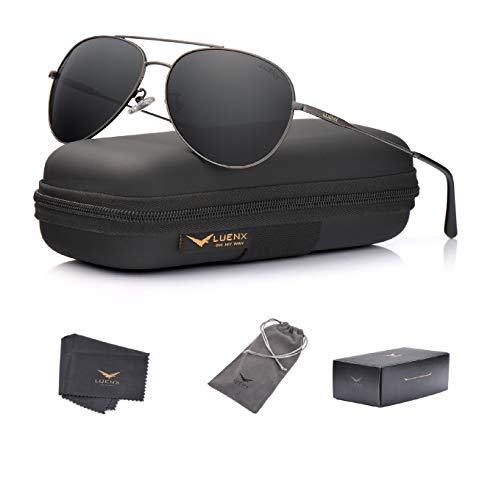 LUENX Aviator Sunglasses Polarized Men Womens Black Lens Black Metal Frame 60mm : Sports & Outdoors