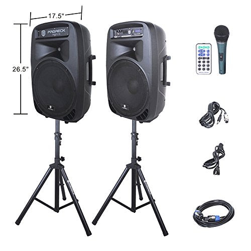 PRORECK PARTY 15 Portable 15-Inch 2000 Watt 2-Way Powered PA Speaker System Combo Set with Bluetooth/USB/SD Card Reader/FM Radio/Remote Control/LED Light: Musical Instruments