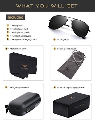 LUENX Aviator Sunglasses Polarized Men Womens Black Lens Black Metal Frame 60mm : Sports & Outdoors