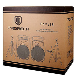 PRORECK PARTY 15 Portable 15-Inch 2000 Watt 2-Way Powered PA Speaker System Combo Set with Bluetooth/USB/SD Card Reader/FM Radio/Remote Control/LED Light: Musical Instruments