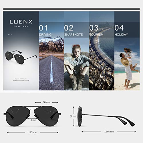 LUENX Aviator Sunglasses Polarized Men Womens Black Lens Black Metal Frame 60mm : Sports & Outdoors