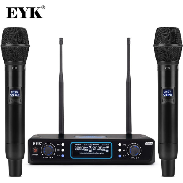 EYK E100 Long Range UHF 2 Channel Wireless System Dual Handheld Microphone Mic Clean Sound for KTV Speech Karaoke Family Party