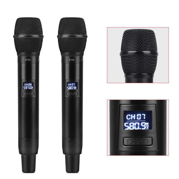 EYK E100 Long Range UHF 2 Channel Wireless System Dual Handheld Microphone Mic Clean Sound for KTV Speech Karaoke Family Party