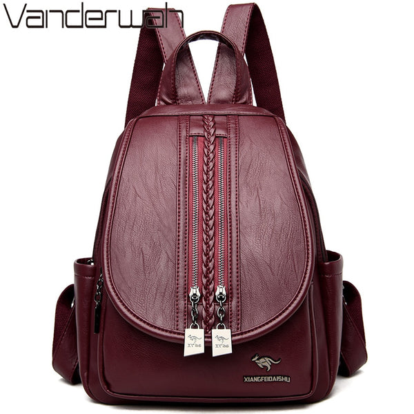 New Fashion Women Leather Backpack Double Zipper Female,