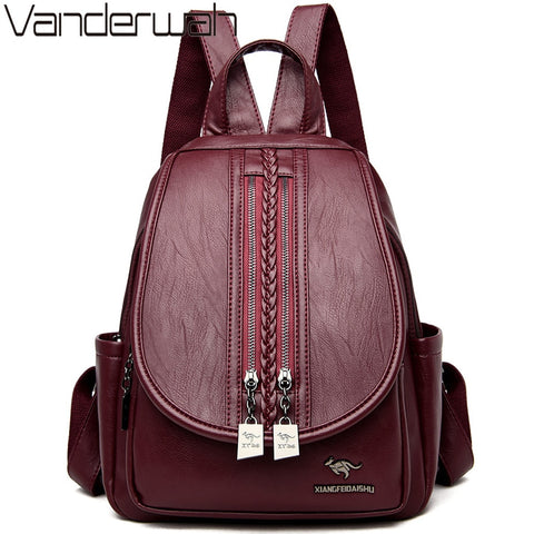 New Fashion Women Leather Backpack Double Zipper Female,