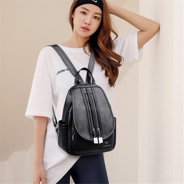 New Fashion Women Leather Backpack Double Zipper Female,