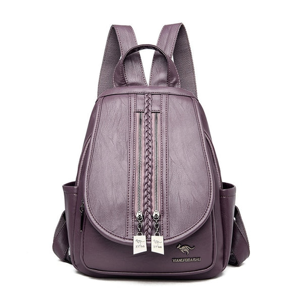 New Fashion Women Leather Backpack Double Zipper Female,