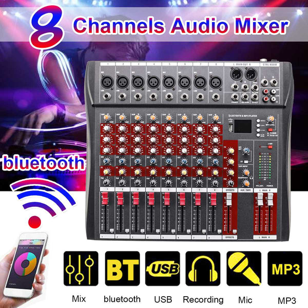 8 Channel DJ Sound Mixer with bluetooth USB Jack Professional Live Studio Karaoke Audio Mixing Console Phantom Power 48V