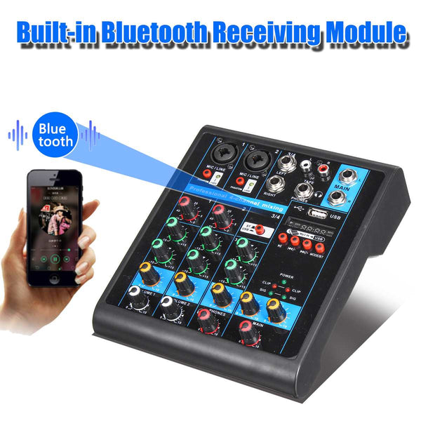 Mini 4 Channels USB bluetooth Audio Mixer MP3 Live Studio DJ Sound Mixing Console Karaoke Computer 48V Phantom Power For KTV