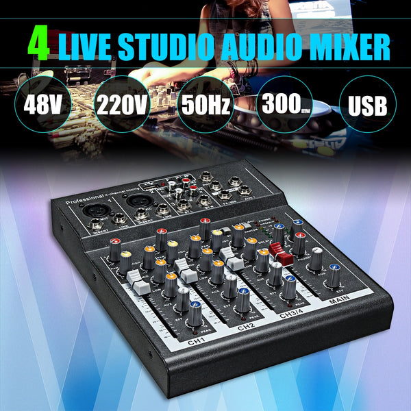 Mini Portable Audio Mixer with USB DJ Sound Mixing Console MP3 Jack 4 Channel Karaoke 48V Amplifier For Karaoke KTV Match Party