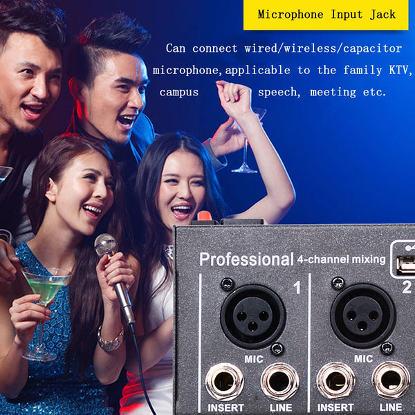 Mini Portable Audio Mixer with USB DJ Sound Mixing Console MP3 Jack 4 Channel Karaoke 48V Amplifier For Karaoke KTV Match Party