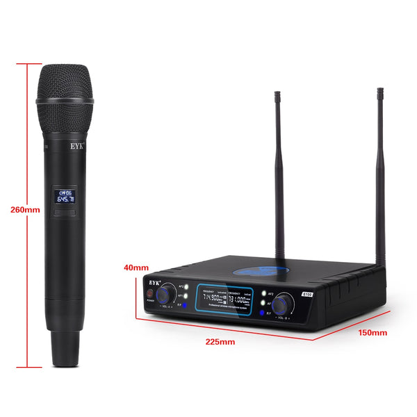 EYK E100 Long Range UHF 2 Channel Wireless System Dual Handheld Microphone Mic Clean Sound for KTV Speech Karaoke Family Party