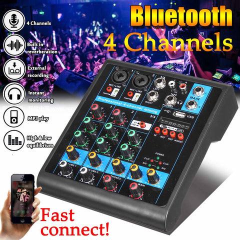 Mini 4 Channels USB bluetooth Audio Mixer MP3 Live Studio DJ Sound Mixing Console Karaoke Computer 48V Phantom Power For KTV