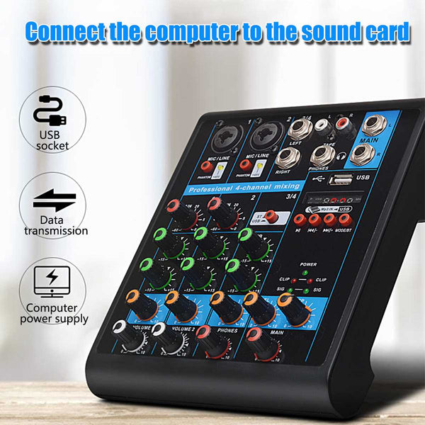 Mini 4 Channels USB bluetooth Audio Mixer MP3 Live Studio DJ Sound Mixing Console Karaoke Computer 48V Phantom Power For KTV