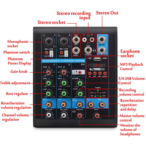 Mini 4 Channels USB bluetooth Audio Mixer MP3 Live Studio DJ Sound Mixing Console Karaoke Computer 48V Phantom Power For KTV