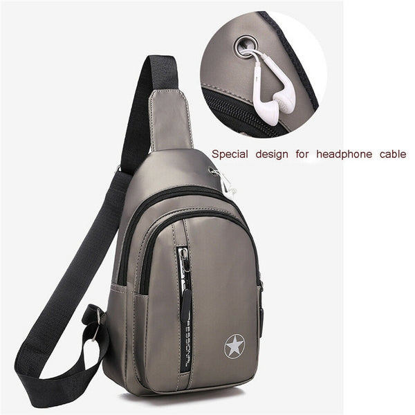 Men's Chest Sling Pack Satchel Shoulder Bag Waterproof USB Charge Small Day Pack