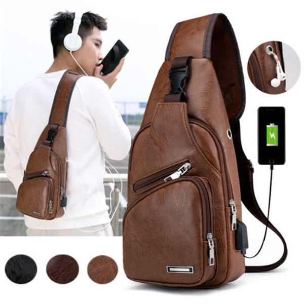 Men's Leather Sling Pack Chest Shoulder Crossbody Bag  Biker Satchel UK Casual messenger bag