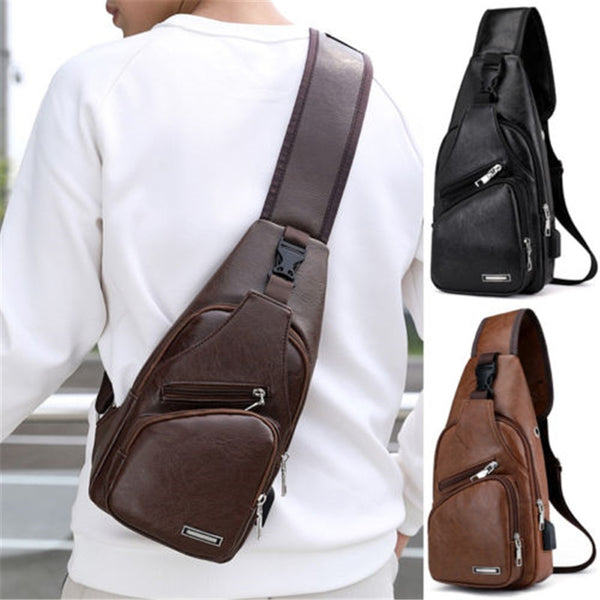 Men's Leather Sling Pack Chest Shoulder Crossbody Bag  Biker Satchel UK Casual messenger bag